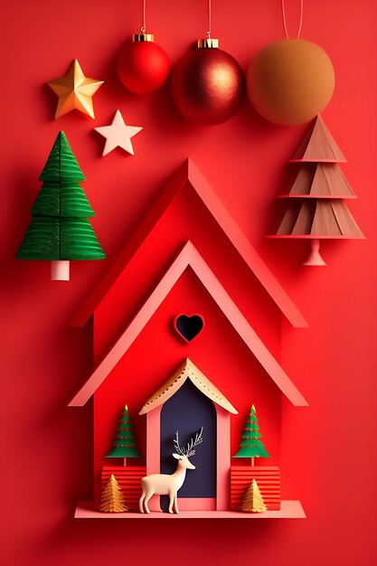 Wooden christmas decorations house fairy and deer on red background