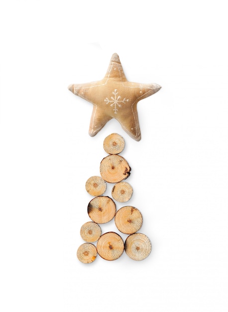 Wooden Christmas tree isolated on white  shape with clipping path