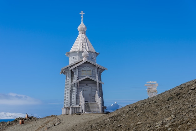 Wooden church in Antarctica on Bellingshausen Russian Antarctic research station 