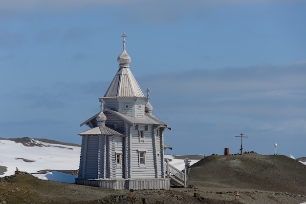 Wooden church in Antarctica on Bellingshausen Russian Antarctic research station 