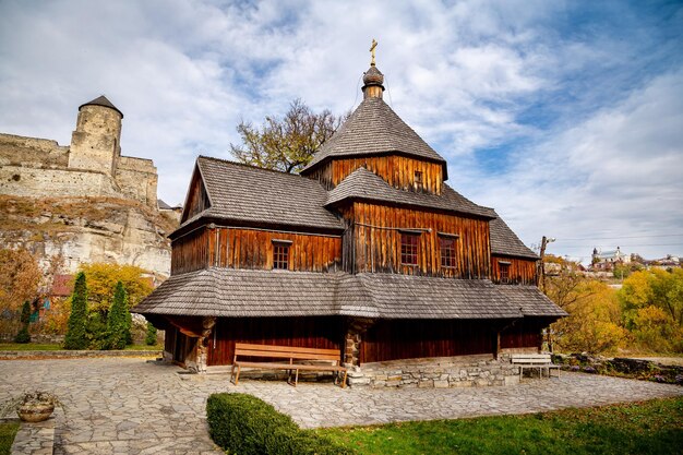 Wooden church on an autumn day in KamianetsPodilskyi