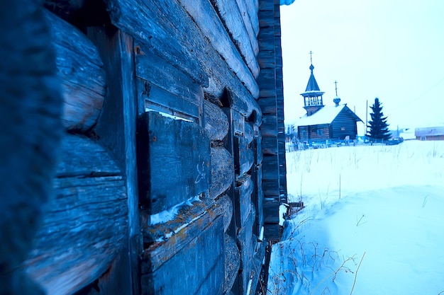 wooden church in Finland / winter landscape in Scandinavia view of the wooden church, old architecture