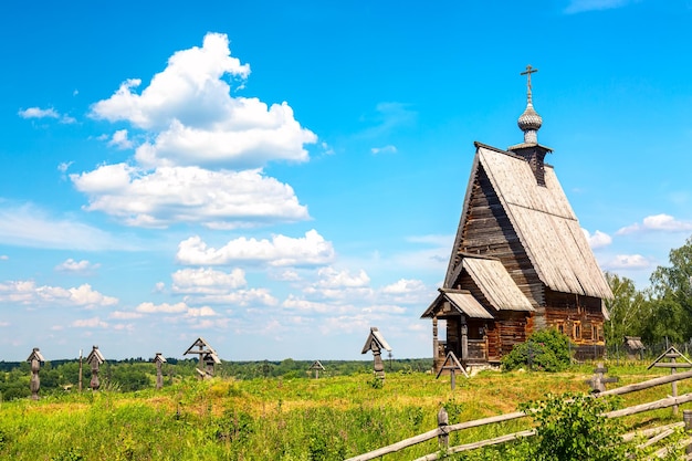 Wooden church of the Resurrection of Christ on the Levitan Hill in Ples. Summer sunny day. Inanovo Region, Russia.