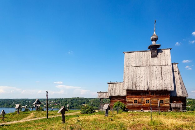 Wooden church of the Resurrection of Christ on the Levitan Hill in Ples. Summer sunny day. Inanovo Region, Russia.