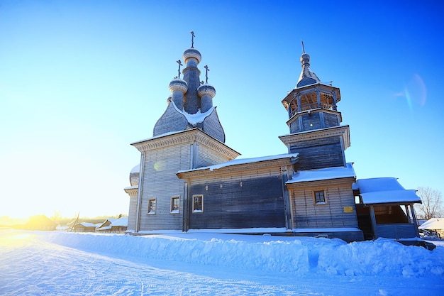 wooden church in the Russian north landscape in winter, architecture historical religion Christianity