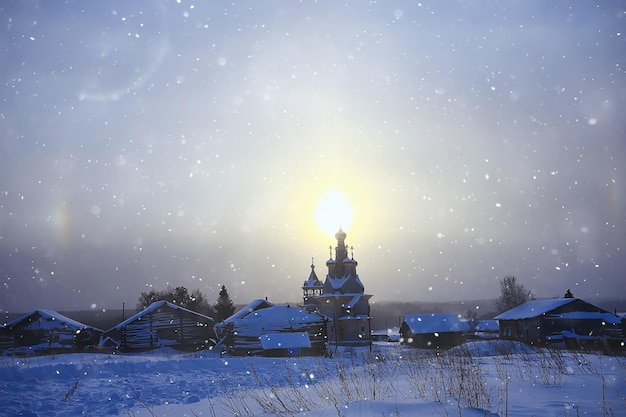 wooden church in the Russian north landscape in winter, architecture historical religion Christianity