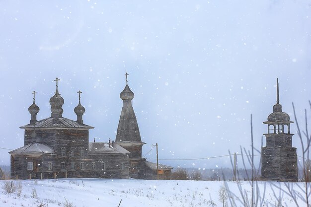 Wooden church in the russian north landscape in winter,\
architecture historical religion christianity