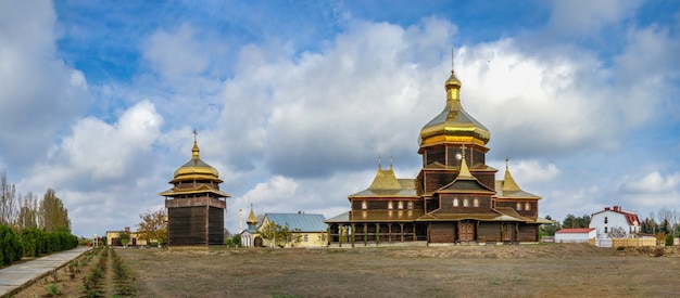 Wooden Church of St. Sergius of Radonezh in Sergeevka resort, Odessa region, Ukraine, on a sunny autumn day