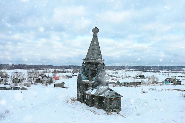 wooden church winter top view, landscape russian north architecture