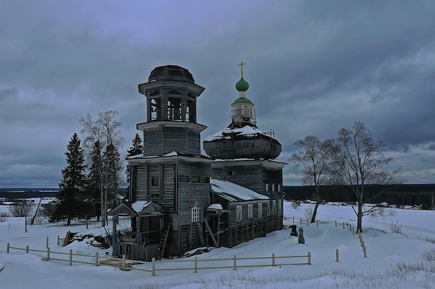 wooden church winter top view, landscape russian north architecture