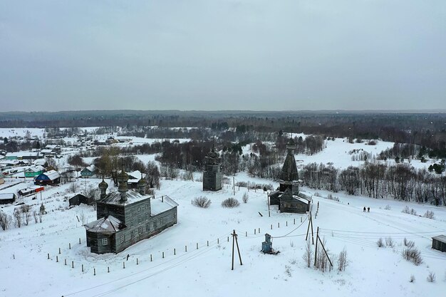 Wooden church winter top view, landscape russian north\
architecture