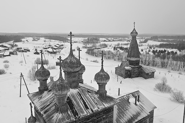 wooden church winter top view, landscape russian north architecture