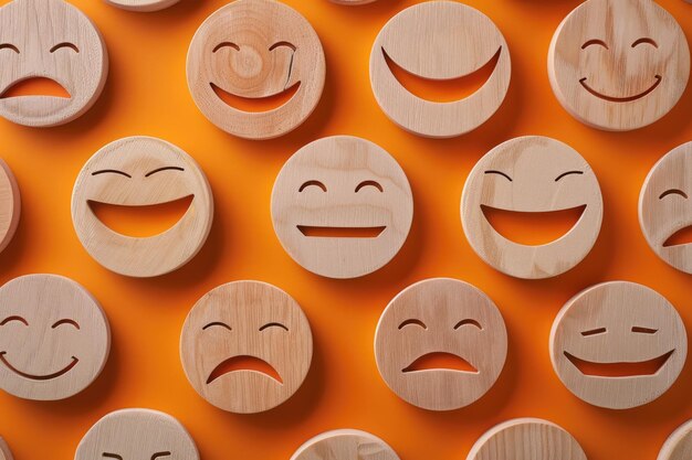 Photo wooden circle emoticons on orange background representing feedback quality