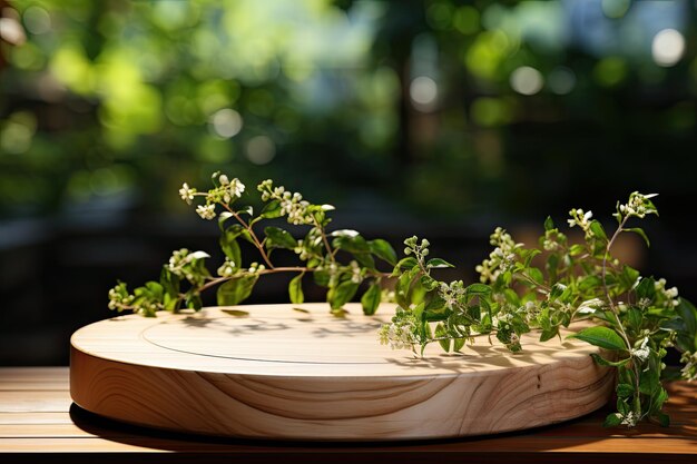 Wooden circle pedestal in sunny nature green forest for product presentation