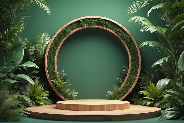 Wooden circle podium in tropical forest for product presentation and green background3d rendering