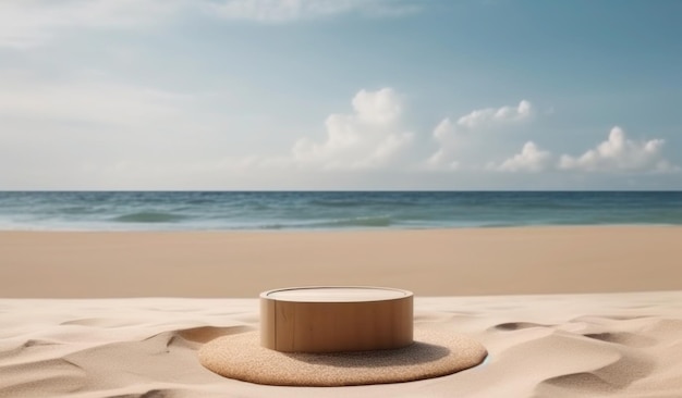 A wooden circle in the sand with the ocean in the background