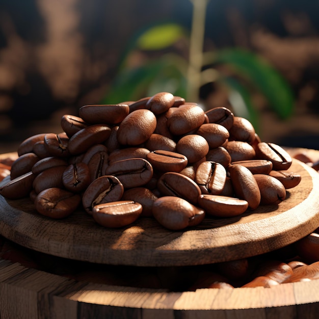 a wooden circle with coffee beans on it and a plant in the background