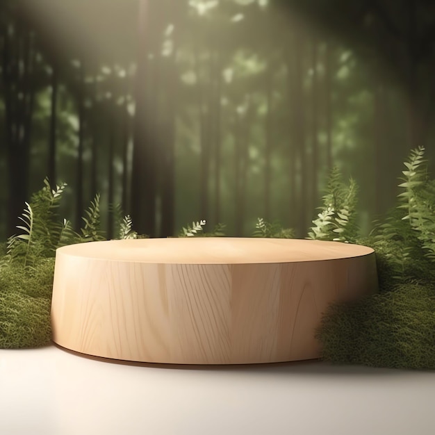 A wooden circle with a green background and a forest behind it.