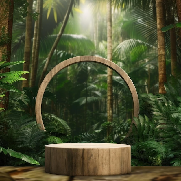 A wooden circle with a wooden circle in the middle of a jungle.