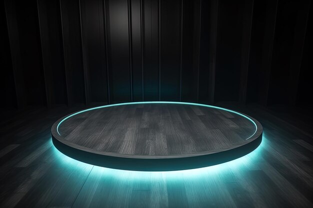 a wooden circular platform podium with a cyan neon light on dark background