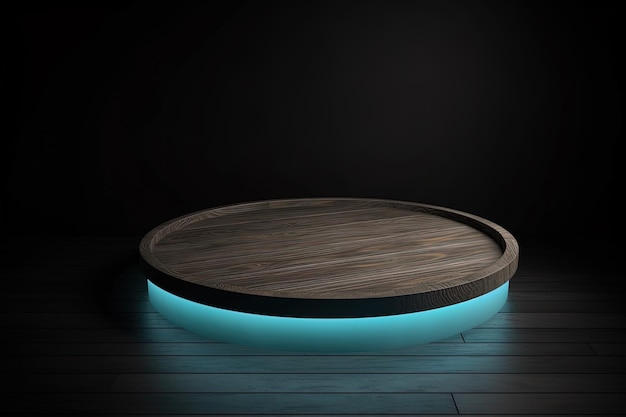 a wooden circular platform podium with a cyan neon light on dark background