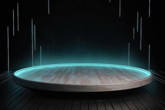 a wooden circular platform podium with a cyan neon light on dark background