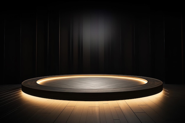 a wooden circular platform podium with a yellow neon light on dark background