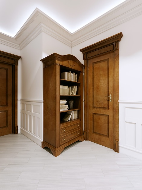 Wooden classic bookcase with books and a door next in the corridor. 3d rendering.