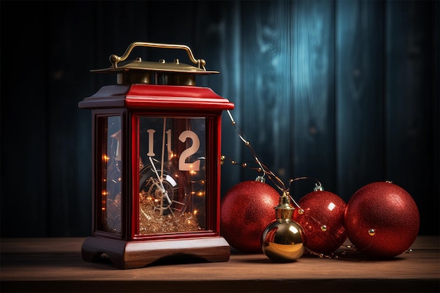 A wooden clock offcenter in the middle of Christmas decorations with red