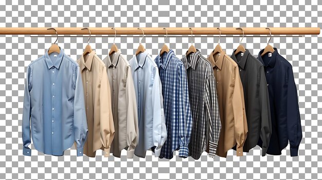 Photo a wooden clothes rack with a variety of mens shirts on it the shirts are of different colors and patterns including blue white and striped