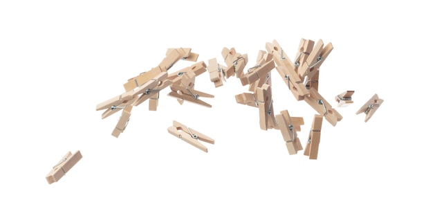 Wooden clothespins float gracefully in air purposeful clips and holds transformed into a dance of household order and creative inspiration Beige bundle of laundry dangles White background isolated
