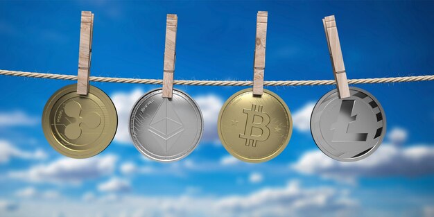Wooden clothespins hold crypto currency coins on rope blue sky background 3d illustration