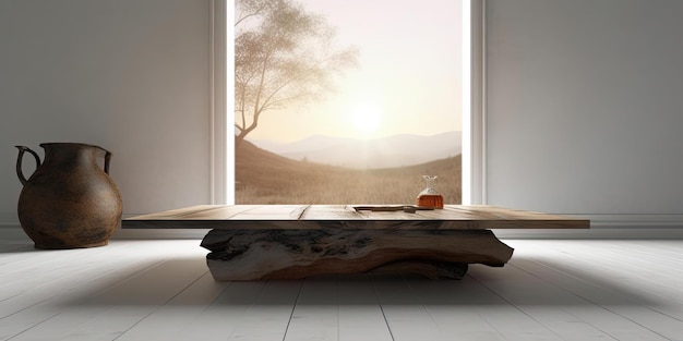 Photo a wooden coffee table in the middle of a room