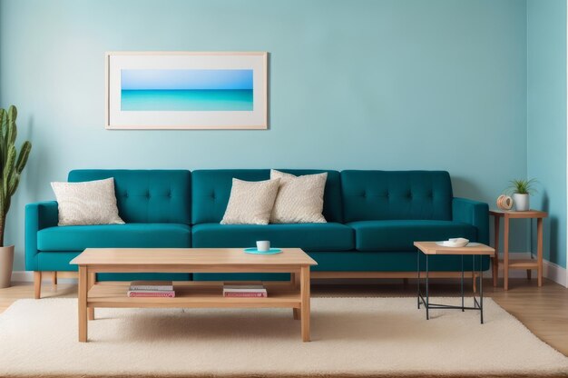 Wooden coffee table near turquoise sofa against wall with frame AI Generated