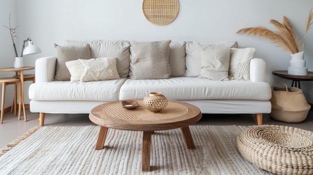 Wooden coffee table paired with a white sofa Generative Ai