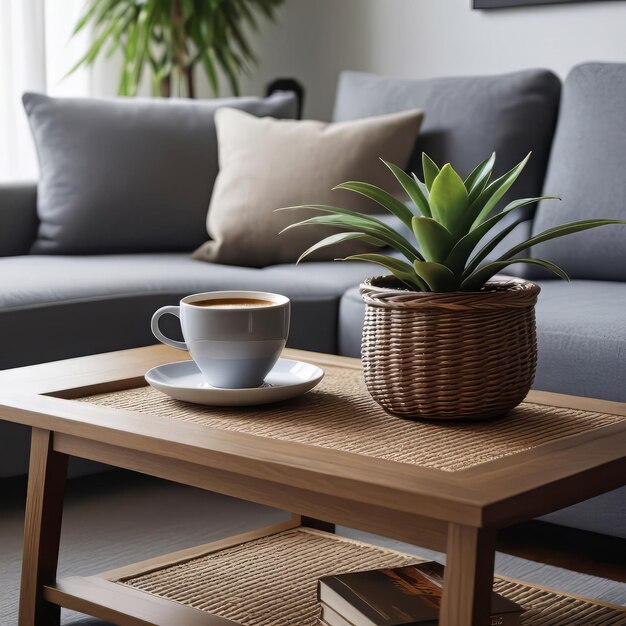 Wooden coffee table with wicker basket and cup of hot coffee near sofa in living room modern home