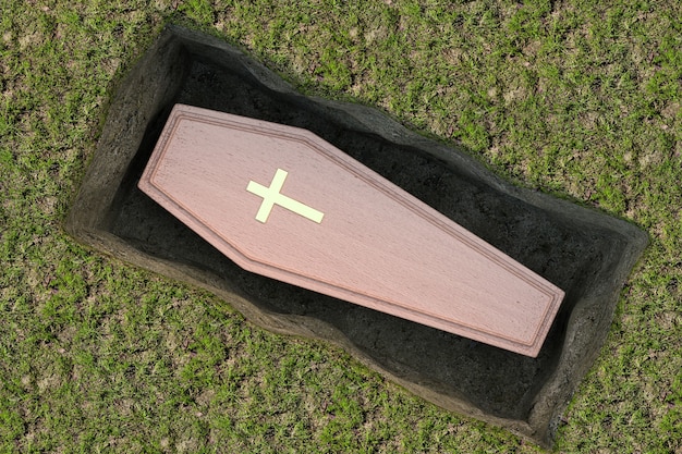 Photo wooden coffin with golden cross and handles in ground hole grave on a white background. 3d rendering