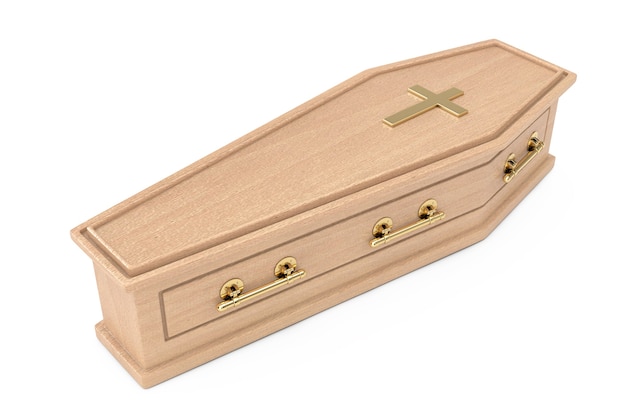 Photo wooden coffin with golden cross and handles on a white background. 3d rendering