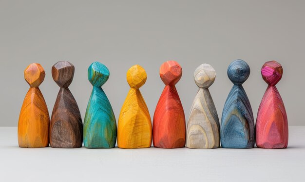 Wooden and colored figures representing diversity and inclusion on the white background