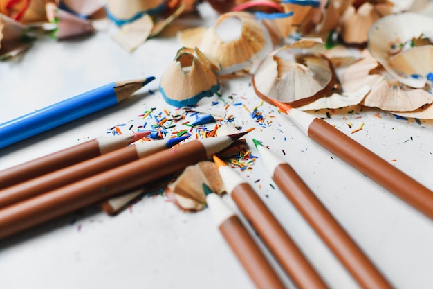 Wooden colorful pencils with sharpening shavings on a white background