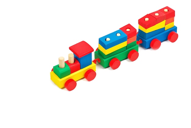 Wooden colorful toy train isolated on white background