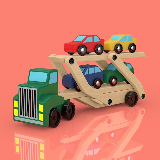 분홍색 배경에 나무 색 자동차 캐리어 트럭 트레일러 장난감. 3d 렌더링