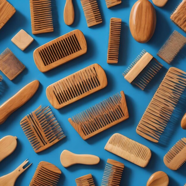 Wooden comb on a blue background flat bath accessories pattern