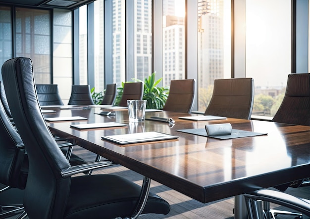 Wooden conference table with black chairs and glass of water in meeting room