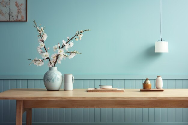 a wooden console table near a window in empty room with wallmounted in warm background