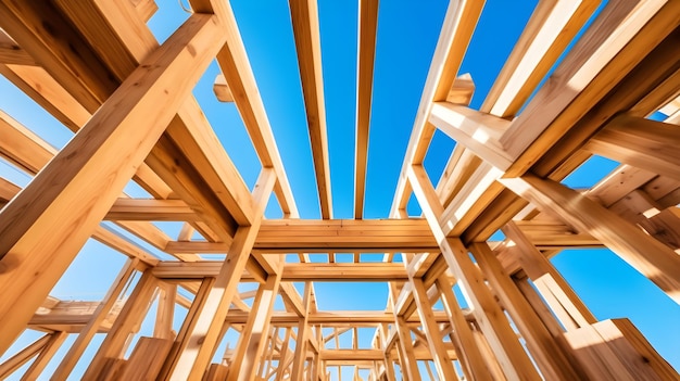 wooden construction of the house against the blue sky