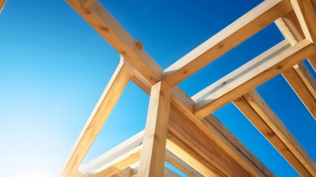 wooden construction of the house against the blue sky