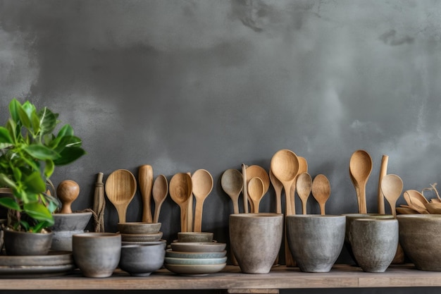 Wooden cooking utensils are kept on a shelf in a handcrafted storage container