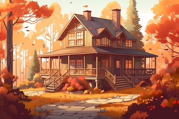 Wooden cottage in the autumn forest Vector illustration in cartoon style