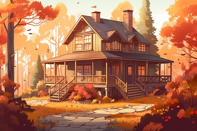 Wooden cottage in the autumn forest vector illustration in cartoon style